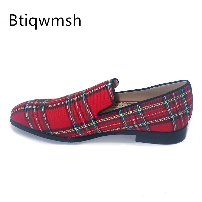 

British Style Red Fabric Plaid Loafers Shoes Men Round Toe Inside Soft Real Leather Flat Shoes Man Dress Shoes