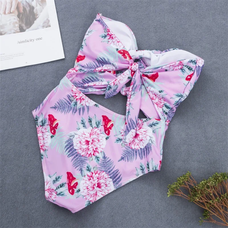 Женский купальник с узелком розовый бандажный пуш-апом и монокини бразильский 2020