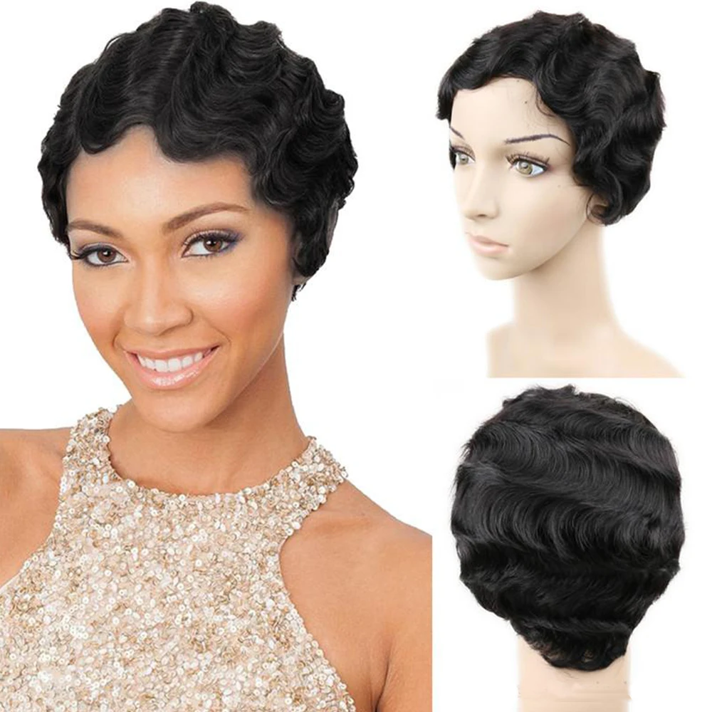 

Brazilian Short Pixie Cut Human Hair Wigs Really Cute Finger Waves Hairstyles for Black Women Full Machine Made Wigs
