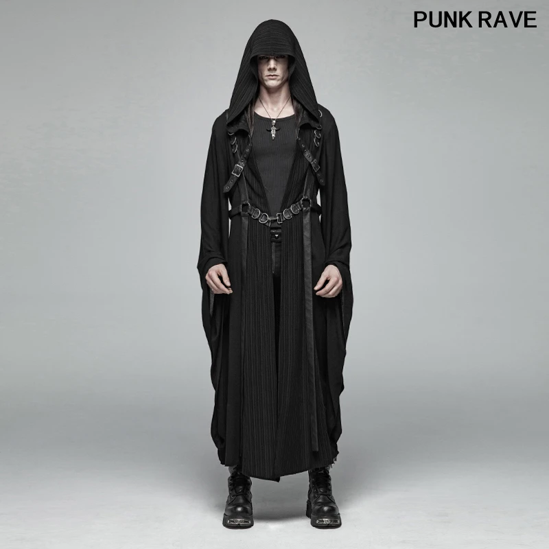 

Punk Metal Buckle Large Sleeves Loose Hooded long Jacket fashion Dark Stripe Woven Pu Leather Men Coat PUNK RAVE WY-1027XCM