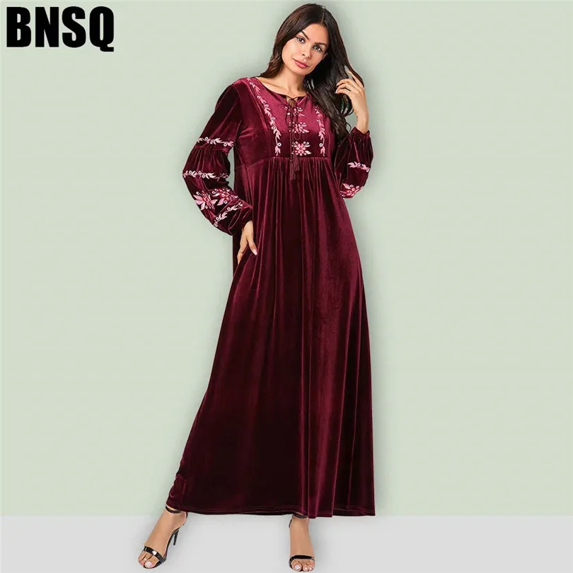 Арабское золото бархат вышитые абайя Зима красное вино зеленый мусульманское