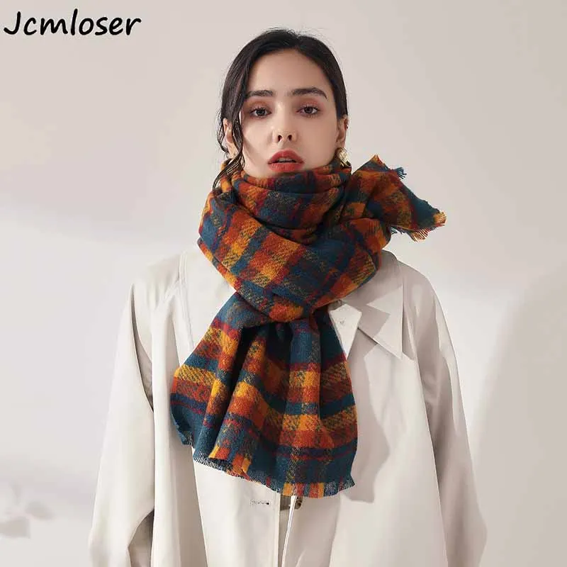 

2021 Korea sweet cashmere women plaid scarf winter warm shawl wrap bandana pashmina long tassel female foulard thick blanket