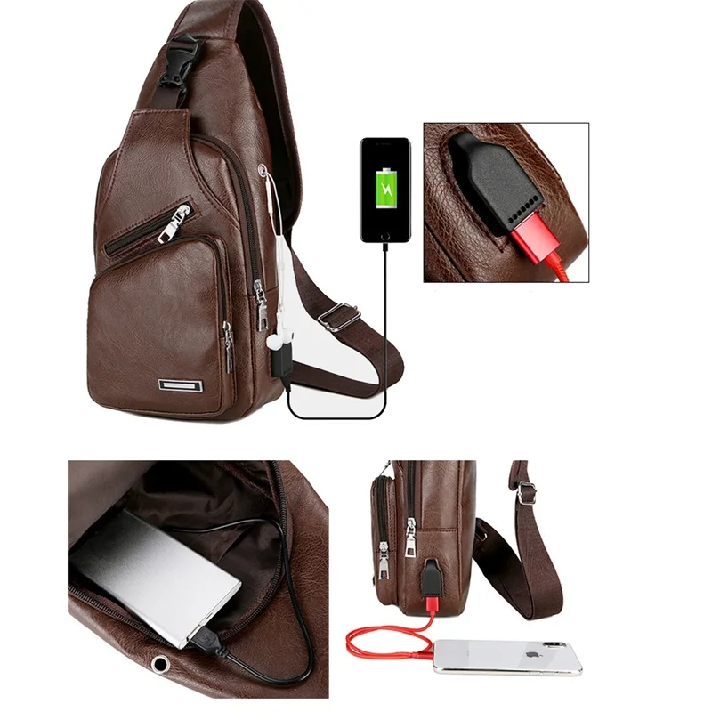 

Men's Crossbody Chest Bags Waist Bags Men's USB Charging Headphone Plug Leather Shoulder Bag Diagonal Package