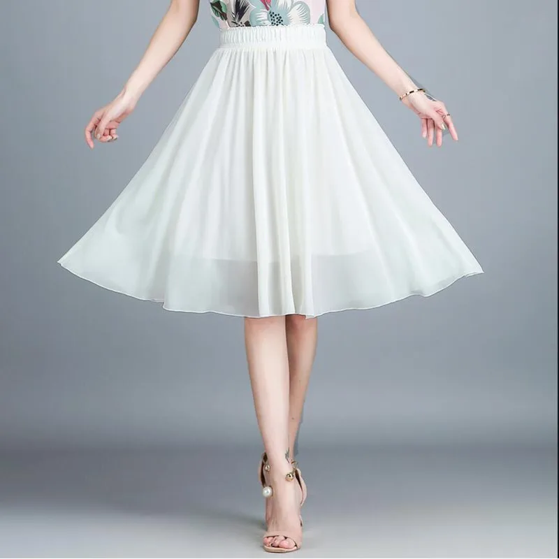 

#0233 Black White Green Red Blue Chiffon Skirts Womens Elastic High Waist Pleated A-line Skirt Female Formal Skirt Knee Length