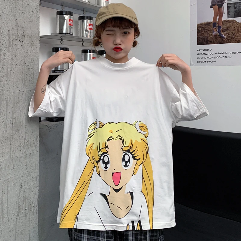 Женская футболка с принтом Сейлор Мун Свободный Топ круглым вырезом и коротким