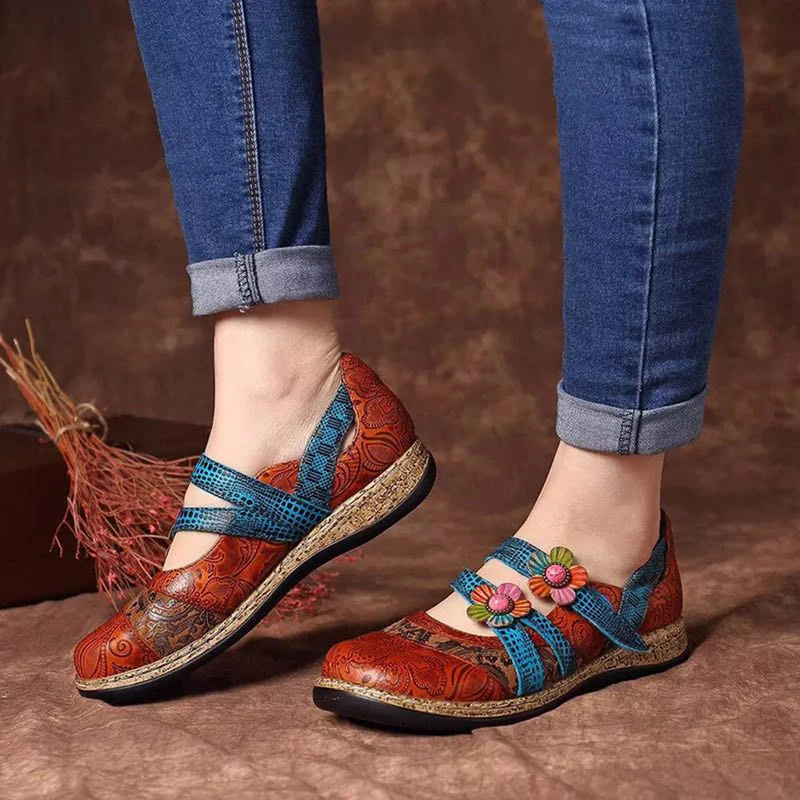 

Women Flat Shoes Spring Summer Casual Vintage Floral PU Leather Splicing Colored Stitching Flat Shoes Comfortable Ladies Shoes