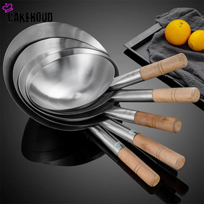 

CAKEHOUD Kitchen Thick Stainless Steel Chef Wok Pot Large Spoon Wooden Handle Cookware Multi-function Cooking Spoon Large Spoon