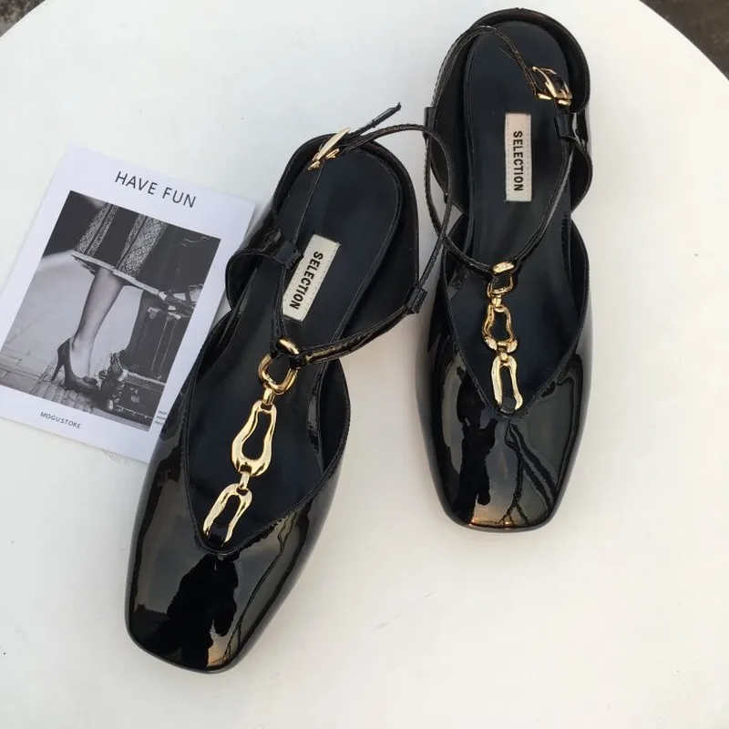 

Womens Square Toe Metal Buckle Chain Decor Chunky Strange Heel Slingbacks Pumps Real Leather Summer Shoes 3Colors New Arrival