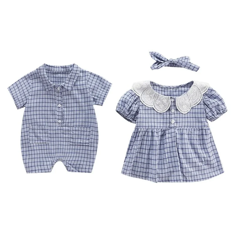 

Blue Plaid New Brother and Sister Puff Sleeve Bodysuit Give Hair Belt Twin Outfits Boy Girl Toddler Twins Clothing for Newborns