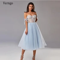 verngo simple light bluelavender tulle short prom dresses with straps bow tie sweetheart tea length wedding party gowns 2021