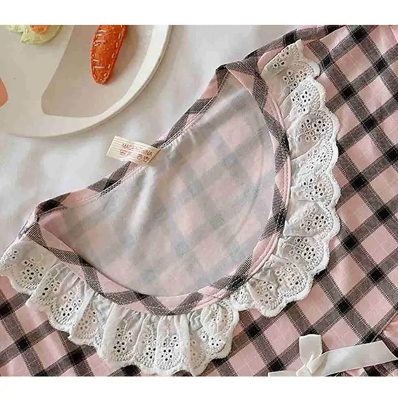Летние Ночные сорочки женское милое квадратное ночное белье в клетку кружевное