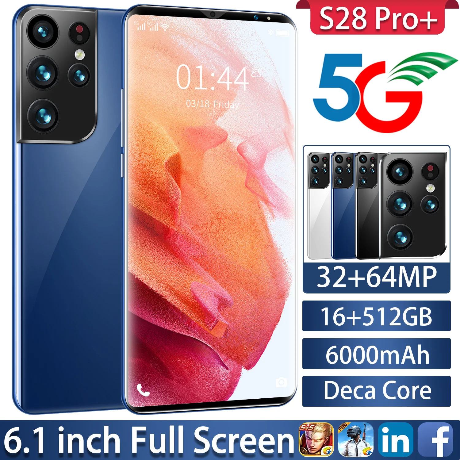 

Global Version S28 Pro Smartphone 6000mAh Battery 6.1 Inch Screen 32MP 64MP Camera Face ID 16GB 512GB Snapdragon 888 5G Android