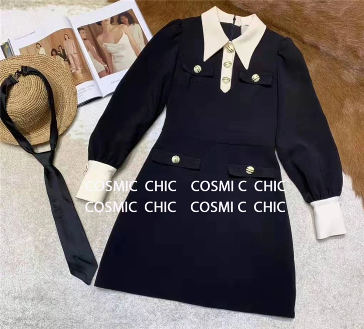 Cosmicchic женское осенне-зимнее платье с длинными рукавами и отворотами ретро на пуговицах с рукавом фонариком элегантное офисное шитый галстук платье