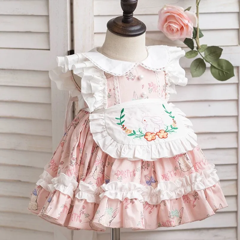 

Baby Girl Summer Rabbit Embroidery Apron Vintage Spanish Ball Gown Lolita Princess Lace Dress for Easter Eid Birthday Easter