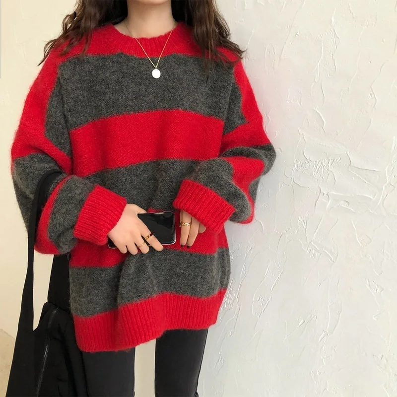 

Hot Sale 2021 Women Oversized Thin Sweater Vintage Striped Loose Pullover Streetwear Autumn Knitted Jumper