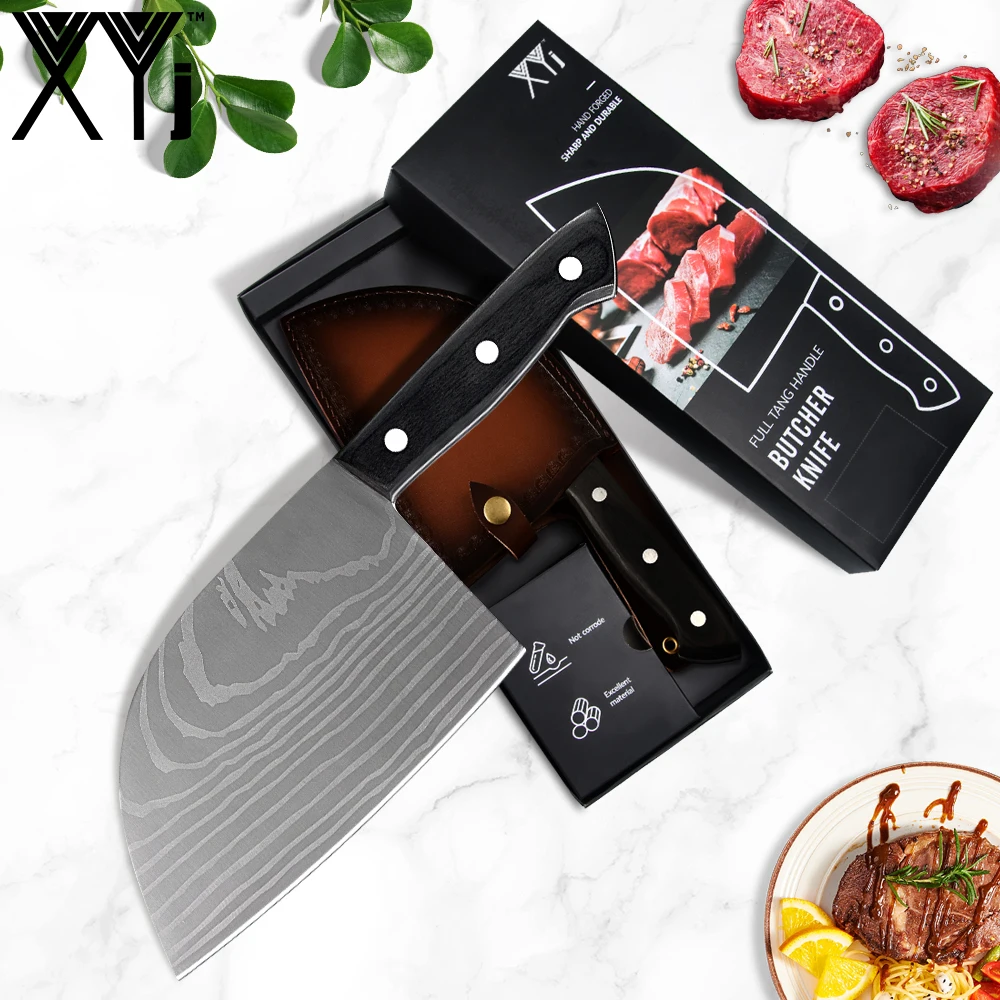 

XYj китайские Ножи ручной работы для мясника, кухонный нож из высокоуглеродистой стали, полная ручка Тан, пировщик, нарезка, Подарочный Чехол ...