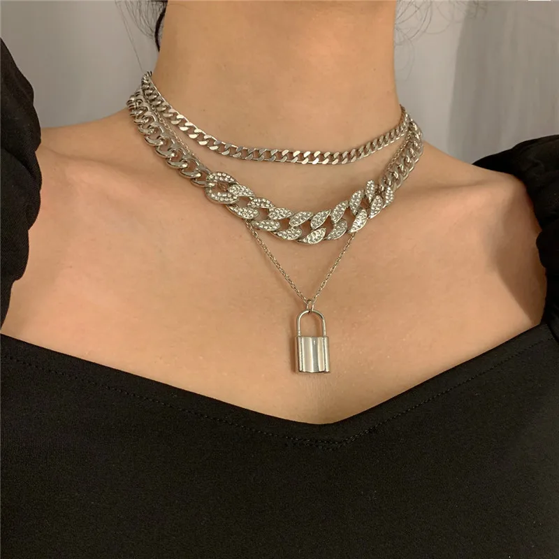 

2020 MultiLayer Punk Lock Pendant Choker Necklace Steampunk Women Men Padlock Crystal Chunky Necklace Chains Couple Jewelry Gift