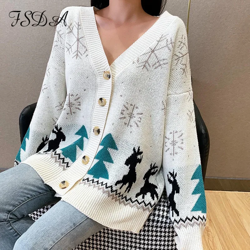 Кардиган женский Рождественский свободного покроя с V образным вырезом и длинным