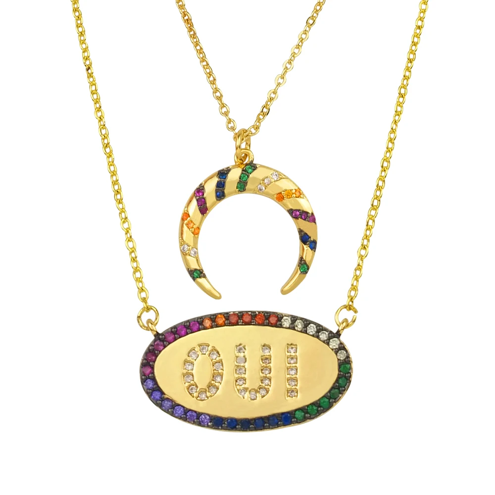 

Raibow Crescent Horn Necklace for Women Statement Jewelry Gifts Colorful CZ Stone Oval OUI Letters Necklaces collier de mode