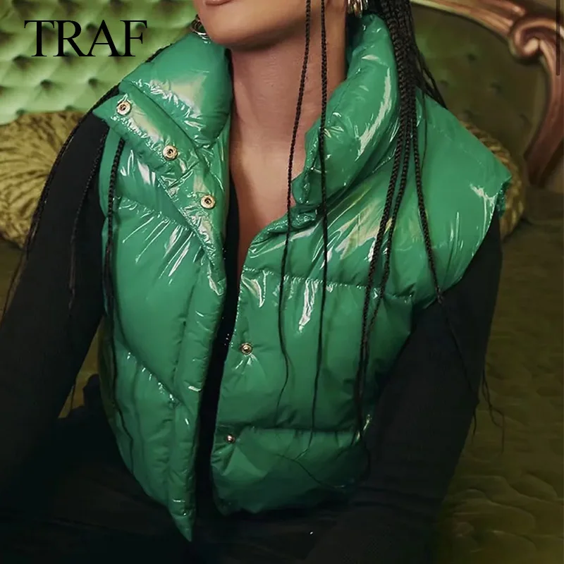 

TRAF ZA 2021 Winter Sleeveless Women's Vest Casual High Street Women's Glossy Cotton Vest Short Warm Zip Vest with Pockets Mujer