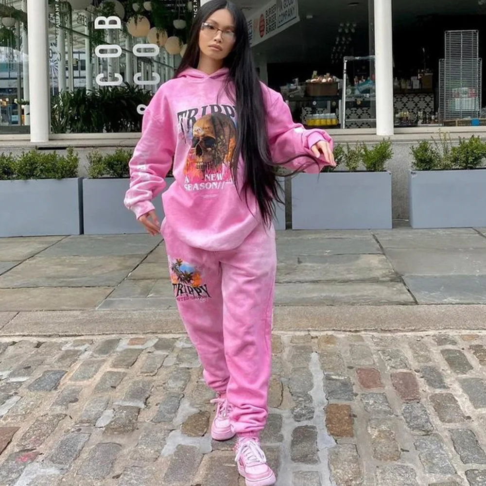 

Hip Hop Streetwear Tracksuits 2021 Winter Two Piece Set Pink Tie Dye Graphic Hoodies Pants Trouser Matching Fashion Oversized