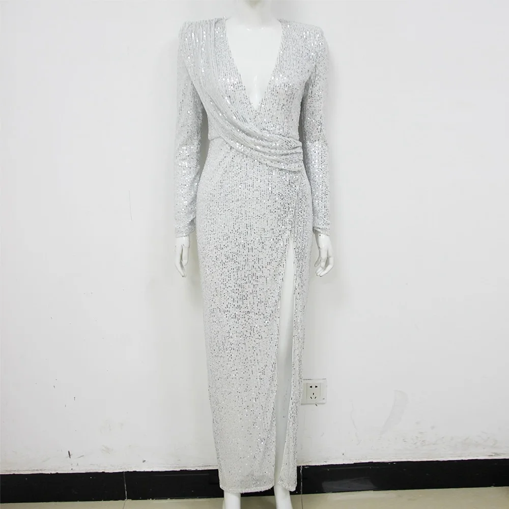 Новое летнее женское серебряное Длинное Макси платье с длинным рукавом с v-образным вырезом сексуальное Клубное платье с блестками Сетчатое платье знаменитые вечерние платья Vestidos Festa
