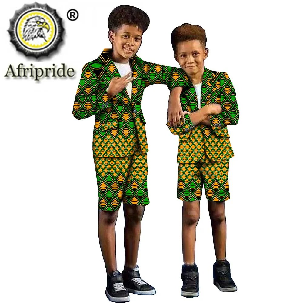 African Clothing for Children Dashiki Print Ankara Coats and Pants Suit for Boy Jacket Short Pant Slim Fit AFRIPRIDE S204019