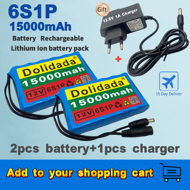 

Portable Super 12V 6S1P 15000mah battery Rechargeable Lithium Ion battery pack capacity DC 12.6v 15Ah CCTV Cam Monitor + charger