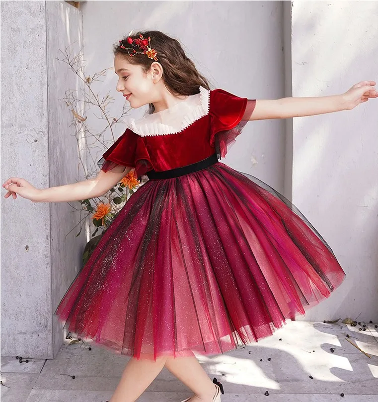 Новинка Бордовые Платья с цветочным узором для девочек праздничные платья