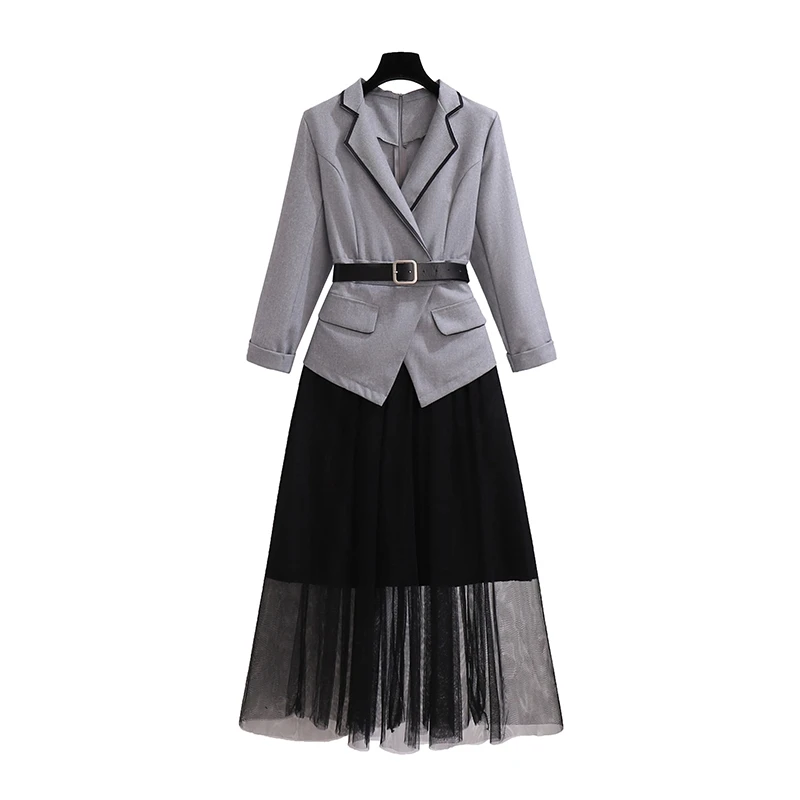 

Spring Autumn Women Dress Outfit Grey Coat Patchwork Pleated Black Skirt (Belt) Office Style Vestido Clothing
