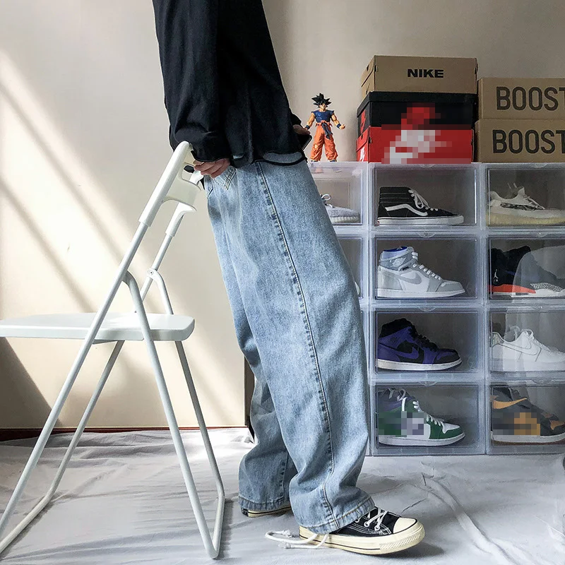 

Men's New Loose Black/Blue Straight Pants Solid Color Casual Pants Baggy Homme Cargo Pocket Jeans Wide Leg Denim Trousers