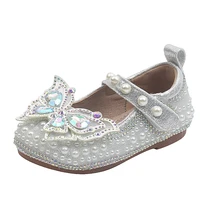 13 5 19cm high quality princess girls flats shoes with full pearls silver champagne bling rhinestones butterfly girl school shoe