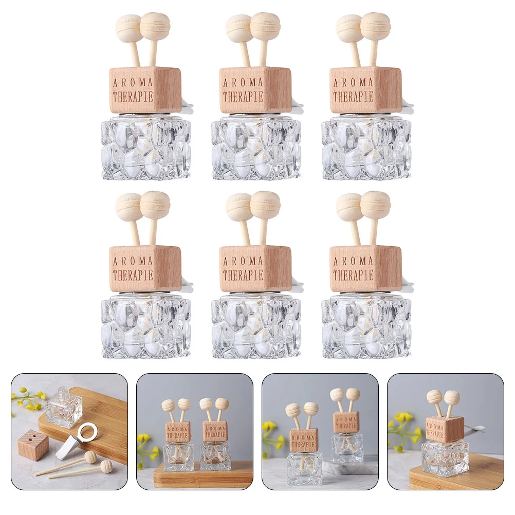 

6PCS Air Vent Essential Oil Diffuser Wooden Lid Refillable Perfume Glass Bottle