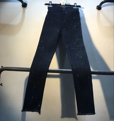 

New heavy industry vertical bar hot drill high waistline slim slim fit stretch cropped jeans women's pants