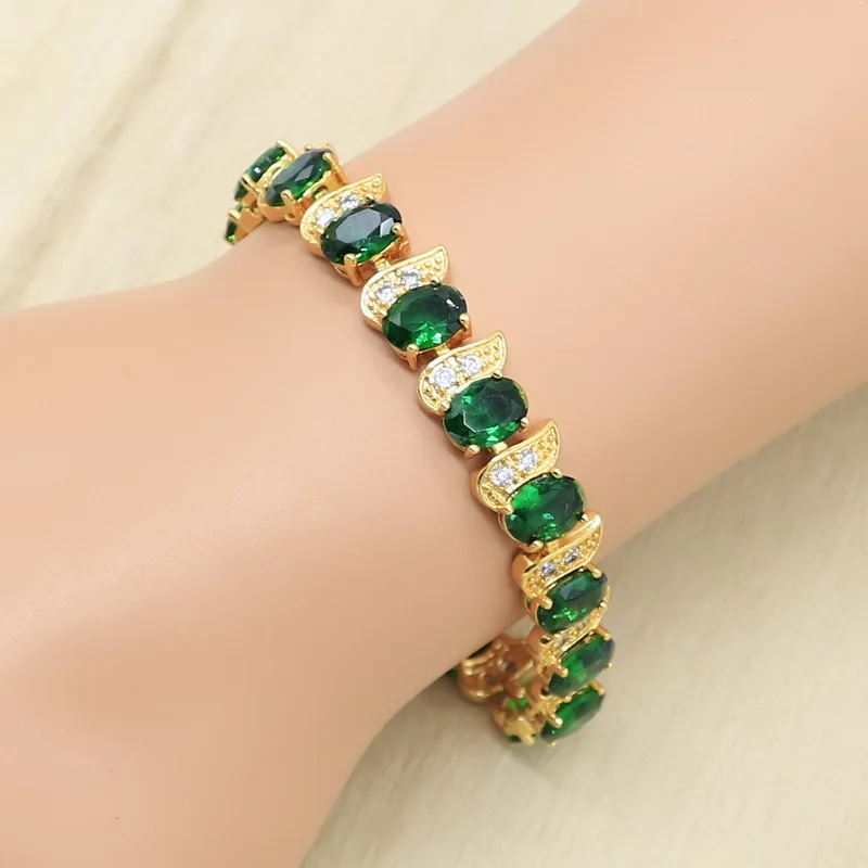 Набор украшений для женщин золотого цвета браслет с зеленым цирконием серьги