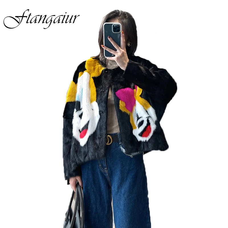 

Ftangaiur New Winter Import Velvet Mink Fur Coat Long Sleeve O-Neck Women Patchwork Cartoon Medium Natural Mink Fur Coats
