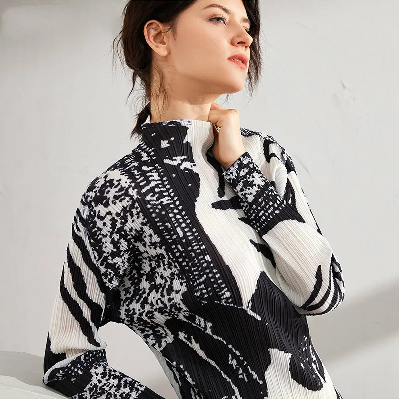 

2021 Spring Stand Collar Print Colorblock Long Pleated Dress Zebra Pattern Women Vintage Slim Was Thin Office Lady Dress