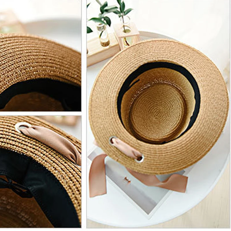 

2021 Summer Sun Hats Women Fashion Ladies Straw Hat Ribbon Bow Beach Hat Casual Straw Flat Top Panama Hat for Women dropshipping