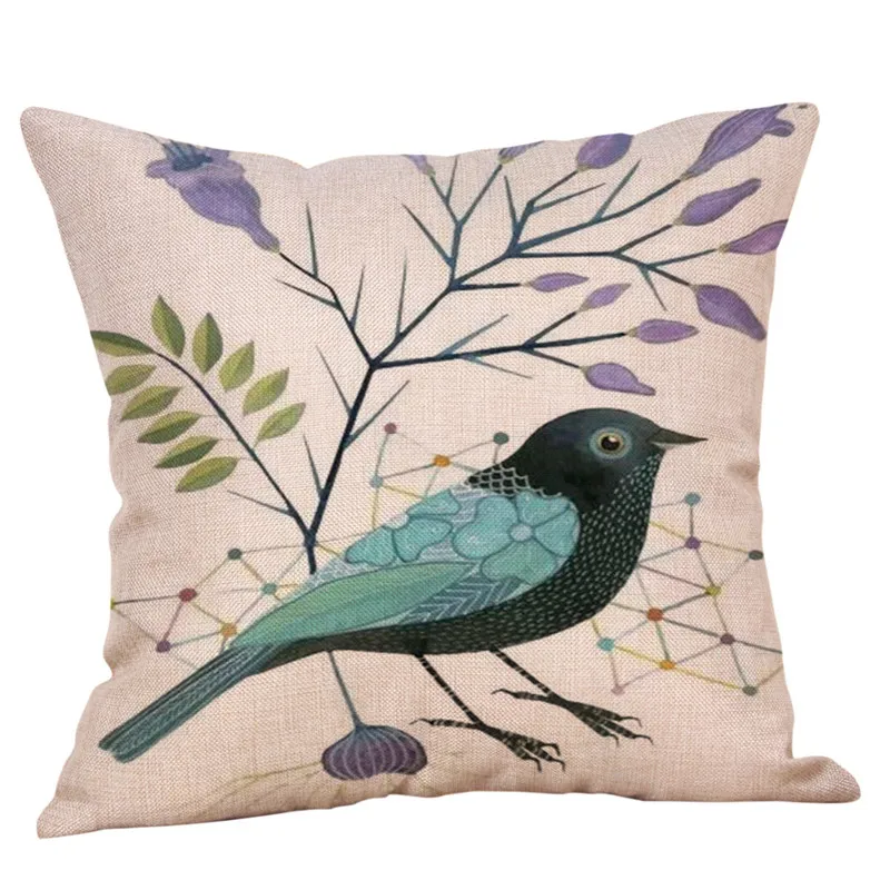 

Pure Linen Cushion Cover Cute Bird Pillow Cover Flora and Fauna for Home Chair Sofa Decorative Pillowcases 45x45 Cm