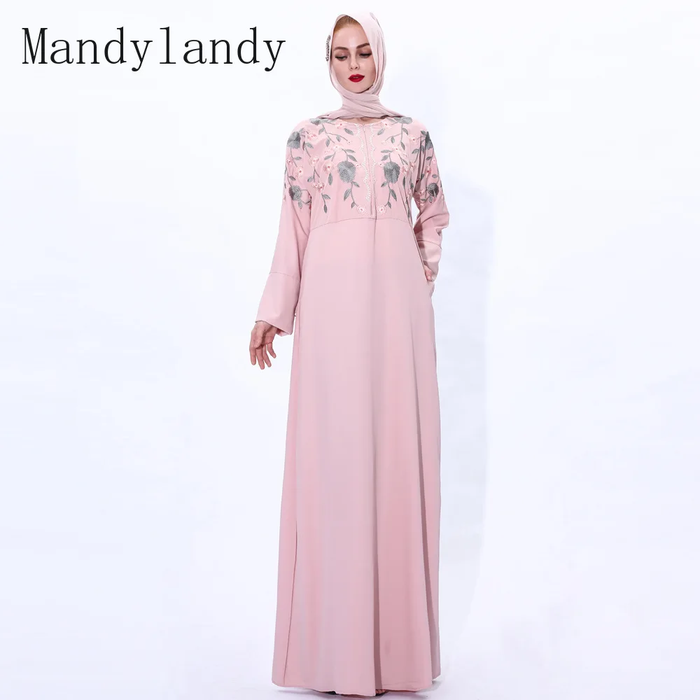

Mandylandy Вышитые мусульманские платья винтажные тонкие спереди с длинным рукавом турецкий халат платье на молнии мусульманский халат Женская...