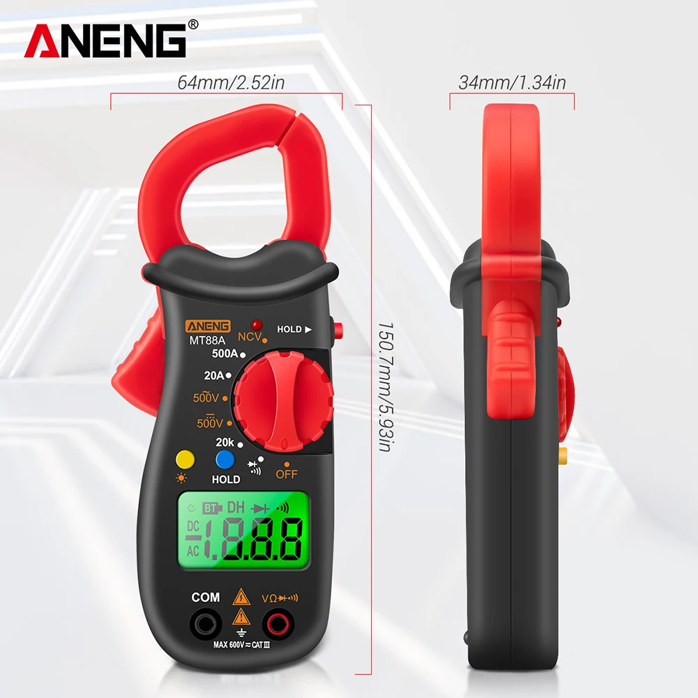

ANENG MT88A 1999 Counts Digital Clamp Multimeter Non-contact 500A Current AC/DC Voltage NCV Tester with Green Backlight Screen