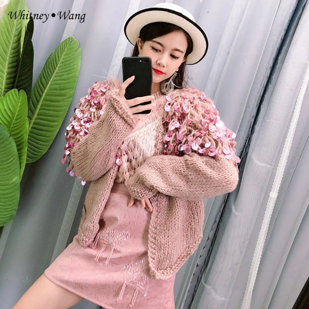 WHITNEY WANG 2019 Autumn Winter Fashion Streetwear Curly Sequins Cardigan Women Sweater Jumper sueter mujer invierno |