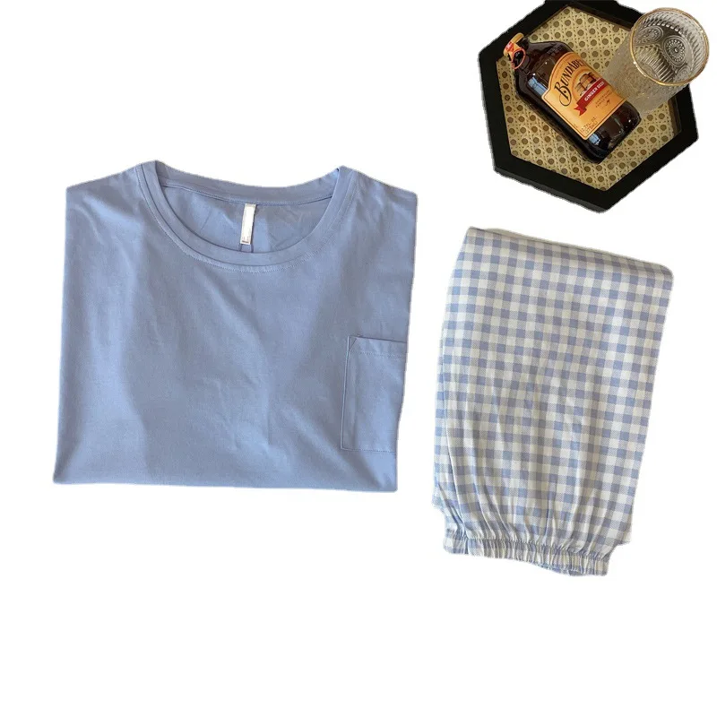 

New Korean style plaid pajamas women summer cotton short-sleeved trousers round neck pullover loose cotton home service suit