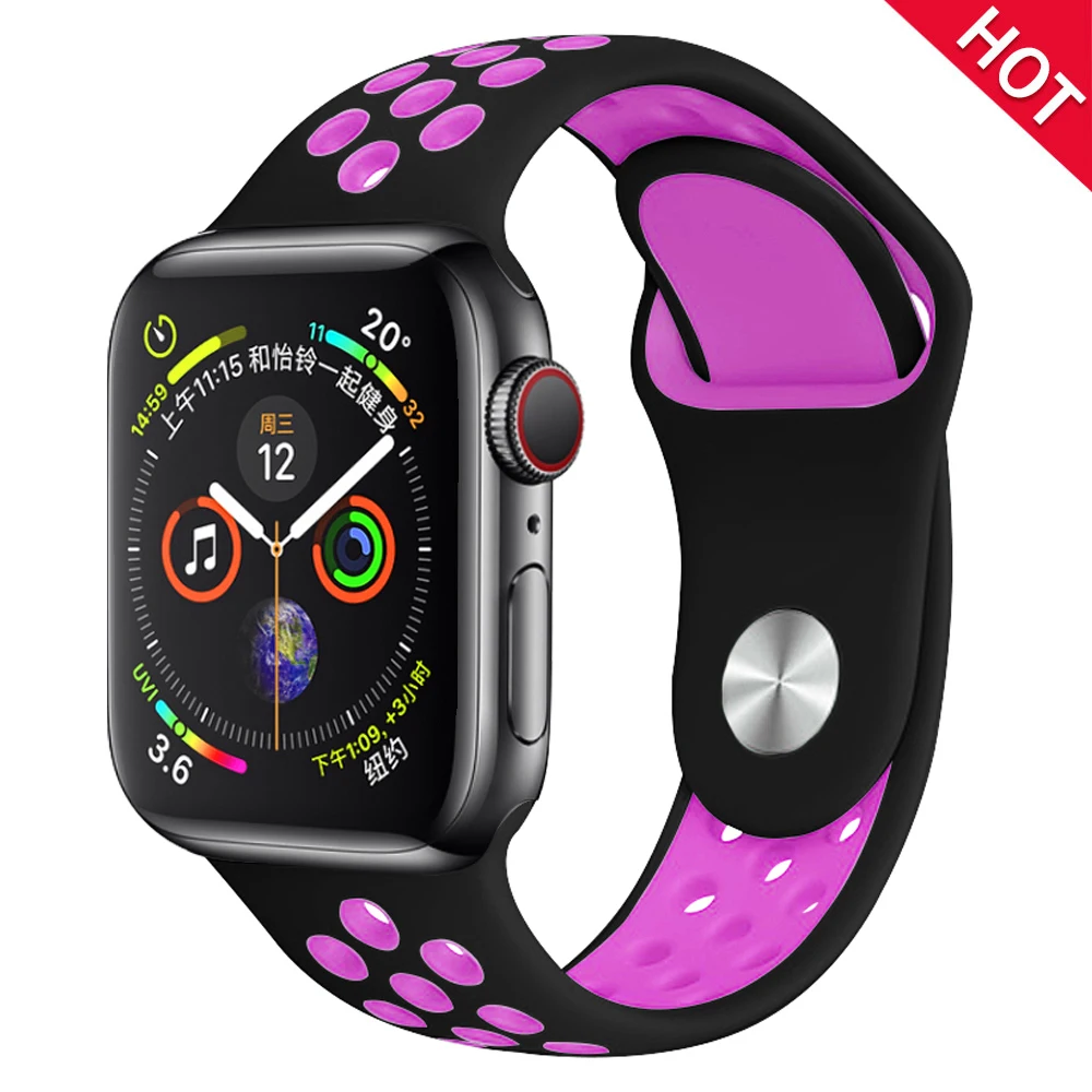 Black plus purple Мягкий силиконовый сменный спортивный ремешок для Apple Watch, 38 мм, 40 мм, серия 1, 2, 3, 4, 5, 42 мм, 44 мм, браслет на запястье, ремешок для iWatch Sports - Цвет ремешка: Black plus purple