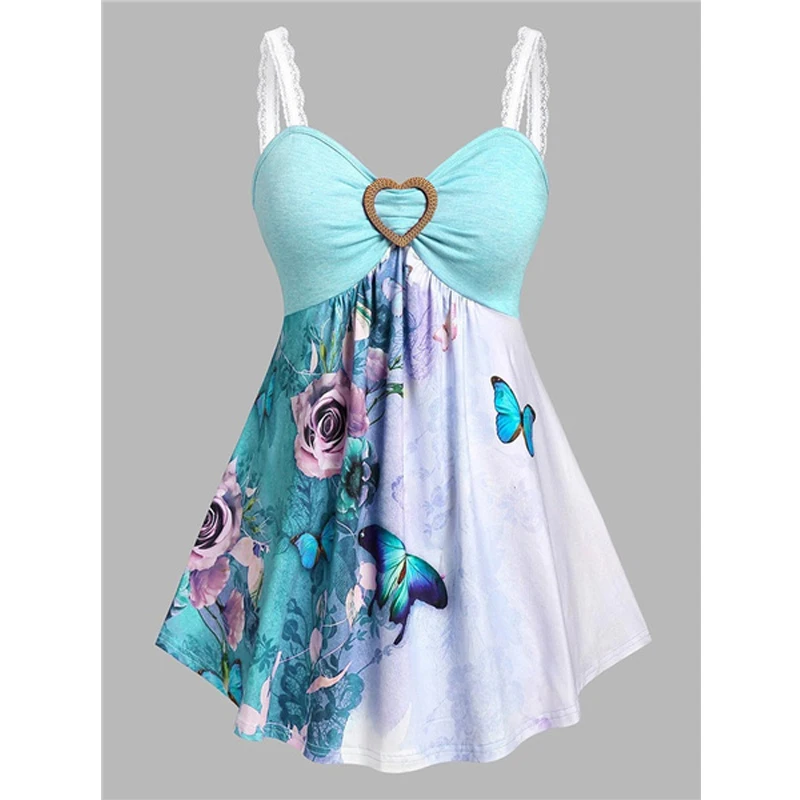 

Tank Top Women Summer Fashion Heart Ring V Neck Butterfly Printed Tops Casual Lace Shoulder Straps Sleeveless Backless Blouse