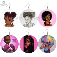 somesoor pink curly girl fight wooden drop earrings afro natural hair black art paint african wood jewelry for women gifts 6pair