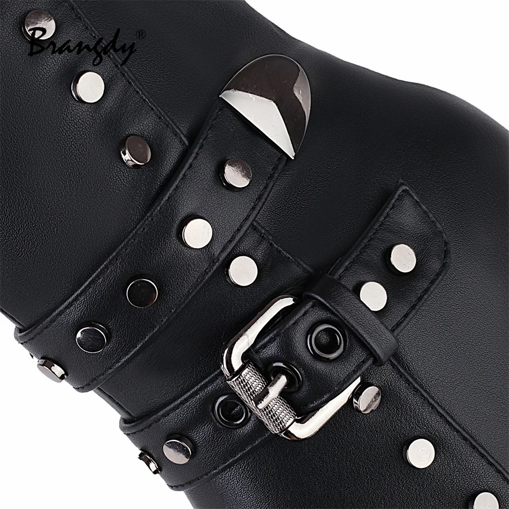 Brangdy Fashion Women Knee Hight Boots PU Leather Belt Buckle Rivet Women Winter Shoes Square Toe Zipper Women Square Heel Pumps