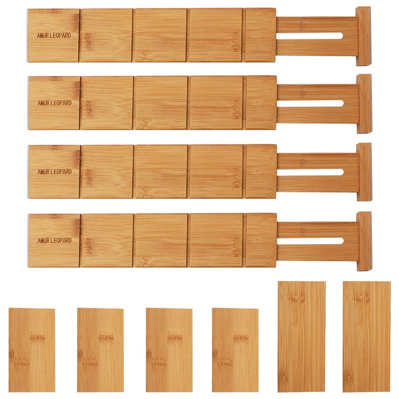 

4Pcs Bamboo Drawer Dividers Organizer with 6 Extra Mini Dividers Spring Loaded for Kitchen, Bedroom, Bathroom and Office