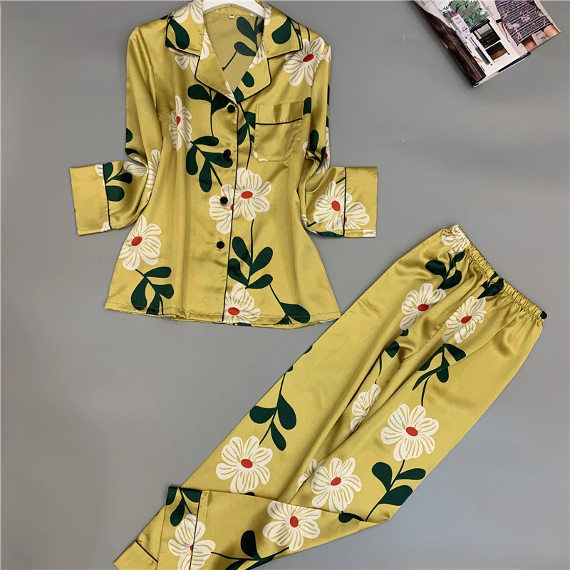 Весенние Новые Модные женские пижамы с принтом шелковые длинные удобные |