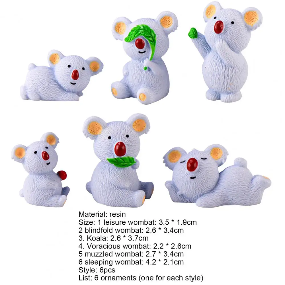 

Hot Sales 6Pcs/Set Koala Decor Ornamental Multi-type Adorable Cartoon Resin Koala Decoration for Garden